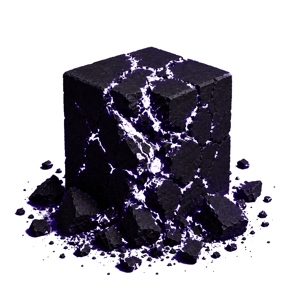 Fractured black cube with purple glow from within